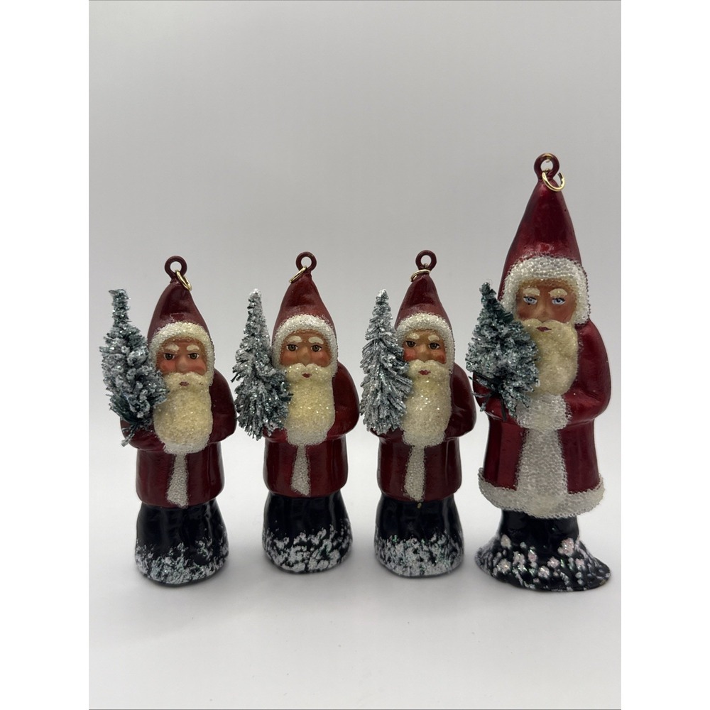 Lot of 4 Vintage Plaster Painted Santa Claus Tree Figurines Ornaments Glitter